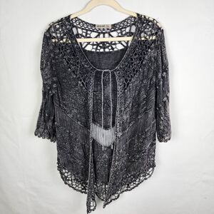 Origami By Vivien Lace Crochet Black Gray Tie Front Cardigan Size S/M Festival